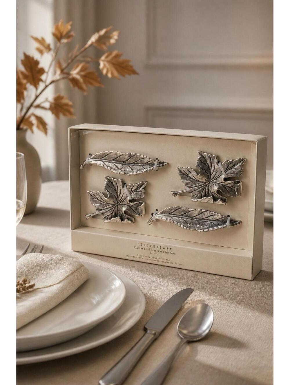 Pottery Barn Autumn Falling Leaf Place Card Holders Set Of 4 New In Box Silver